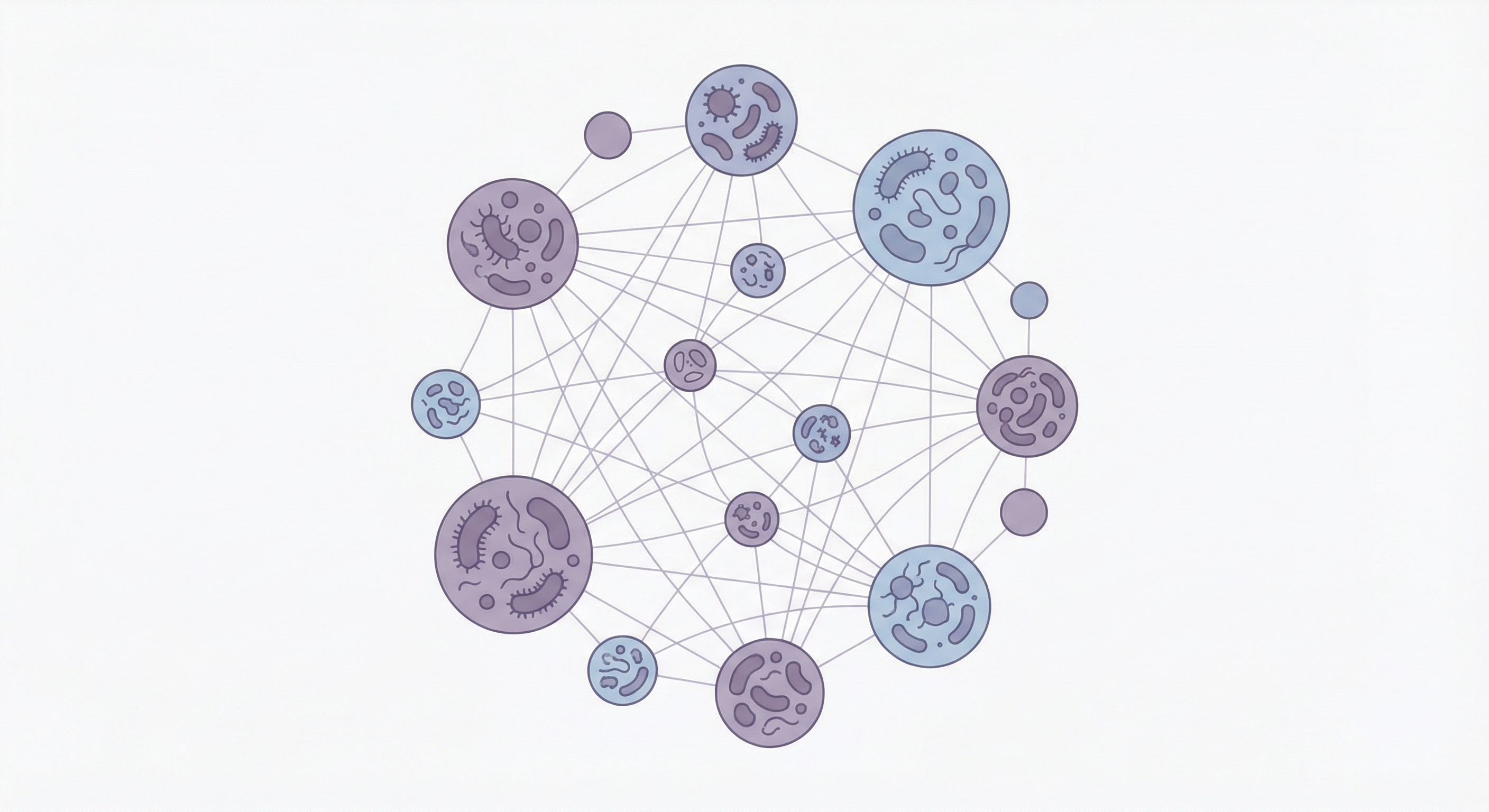 Abstract illustration of interconnected gut microbiome organisms